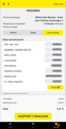 Datos personales y de facturación en la app Tu Copistería Online