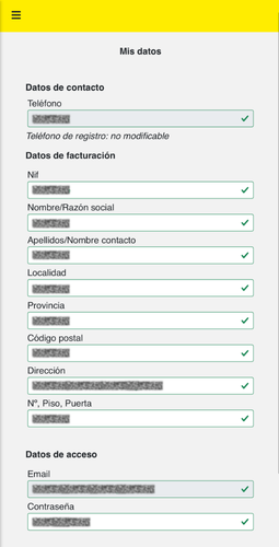 Datos personales y de facturación en la app Tu Copistería Online