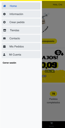 Menú de navegación de la app Tu Copistería Online