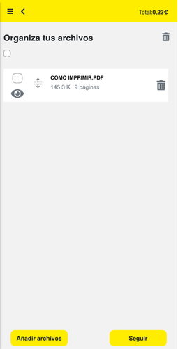 Carrito de un pedido de impresión en la app Tu Copistería Online
