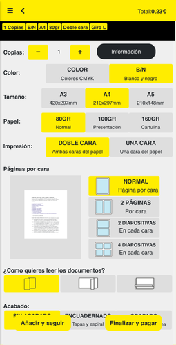 Opciones disponibles para imprimir documentos desde la app