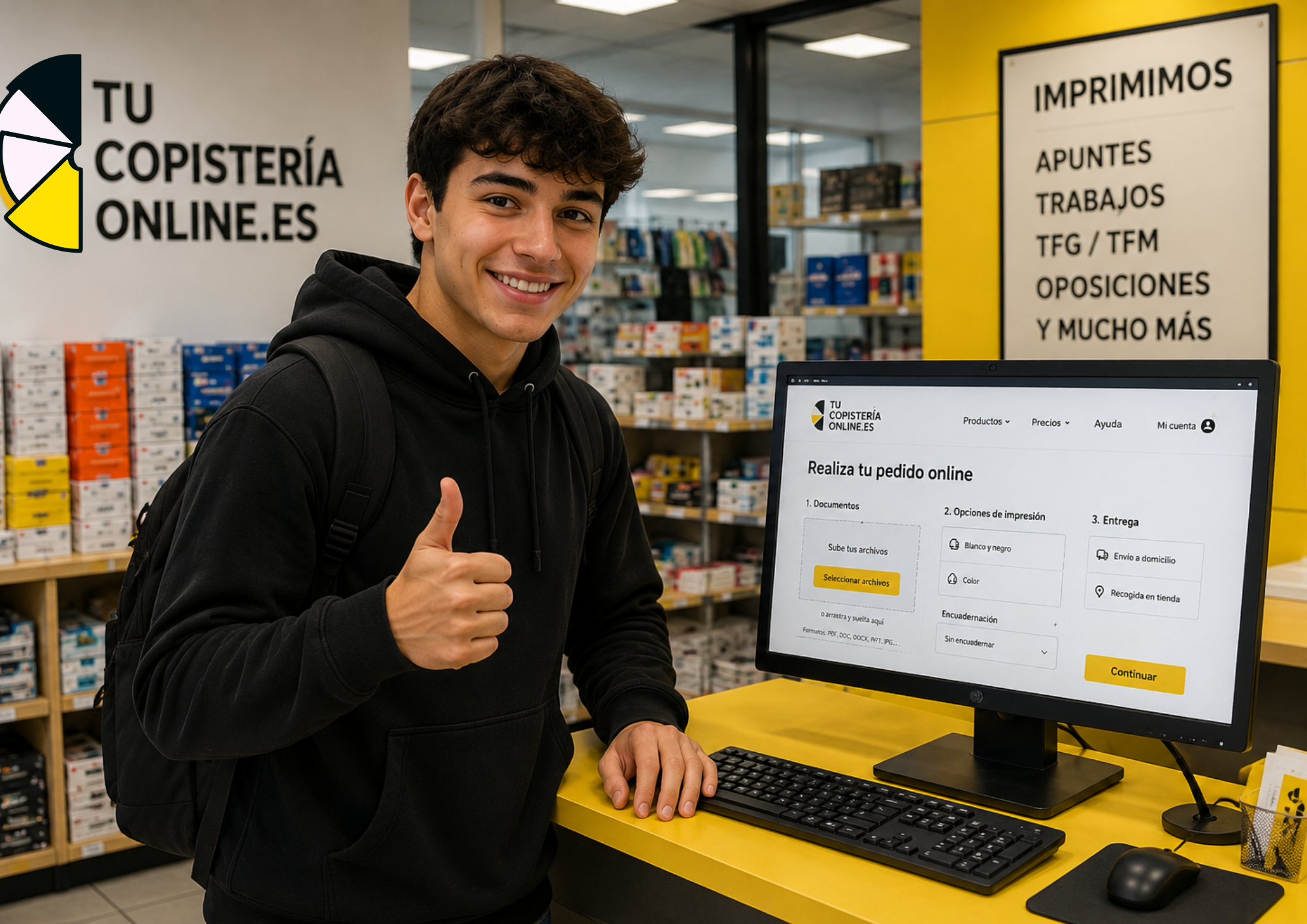 Estudiante utilizando Tu Copistería Online para imprimir sus apuntes